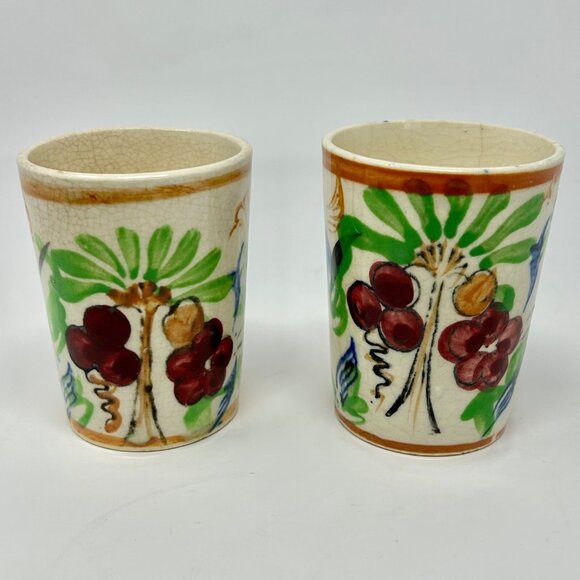 Vintage Hand Painted Glazed Ceramic Tea Sake Juice Glasses Made In Japan Set of2 - Picture 1 of 7